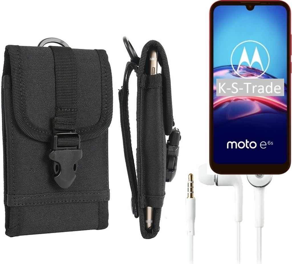 K-S-Trade Holster Schutz Hülle kompatibel mit Motorola E6s Gürteltasche Handy Hülle Tasche outdoor Seitentasche schwarz 1x + Kopfhörer