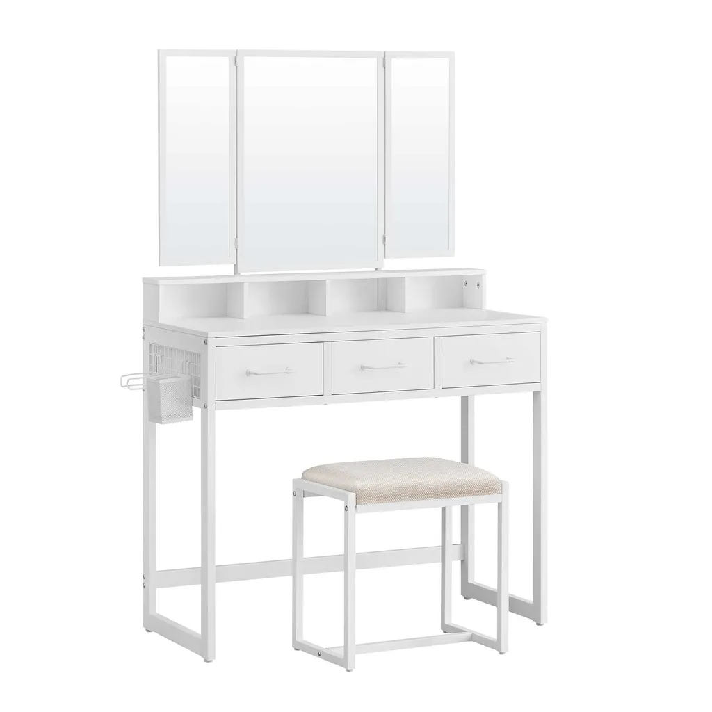 Coiffeuse 90x40x141 cm Blanc avec Grand Miroir et Rangement Intégré