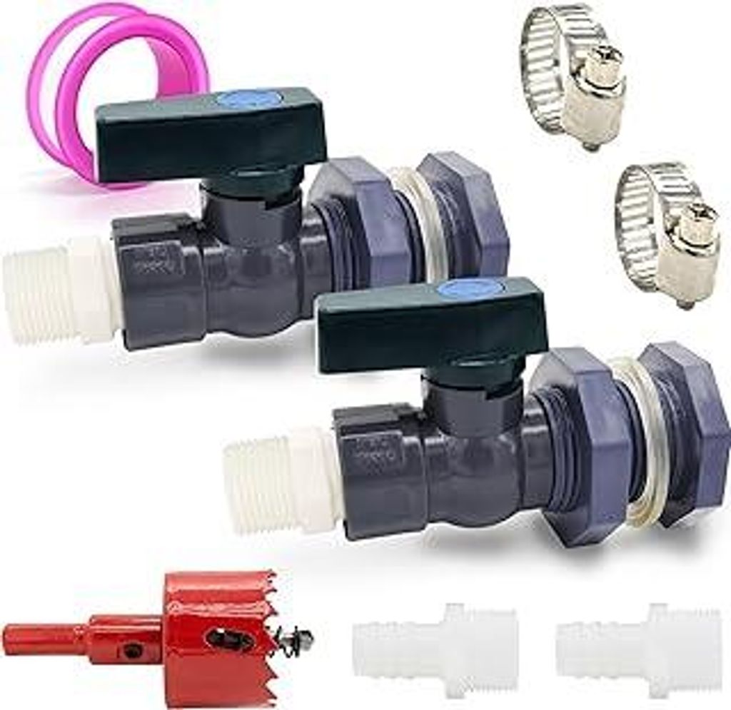 2 Stück Regentonne Zapfhahn Set PVC Regentonnen Ventile(25mm+16mm) mit Schottverschraubung und Schlauchadapter und Lochsäge Schlauchschellen Wass...