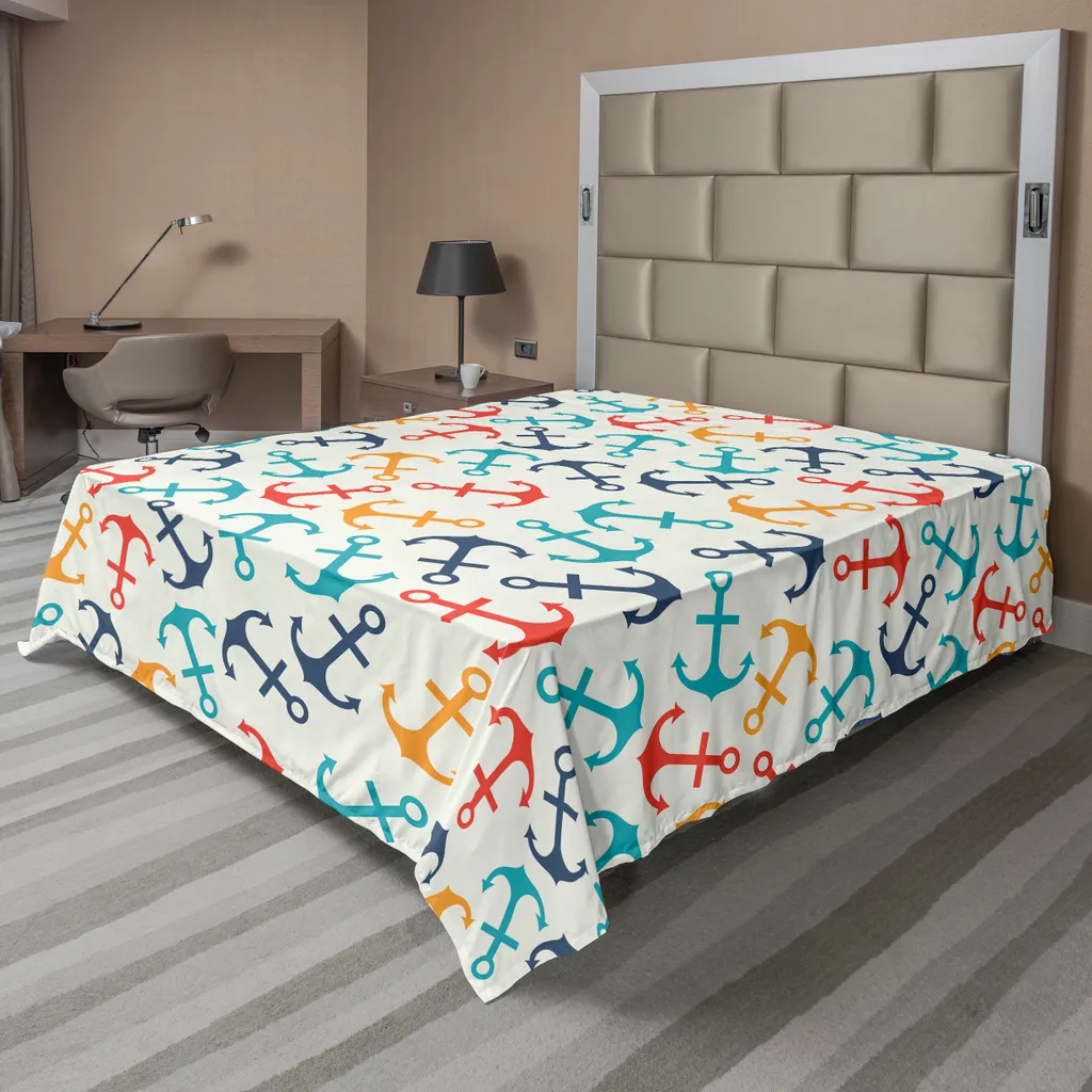 Drap de dessus doux motif marin Anker pour grand lit décoratif beige