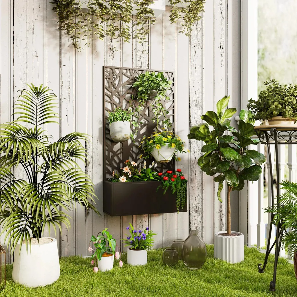 Treillis métallique noir avec bac à plantes - Clôture décorative