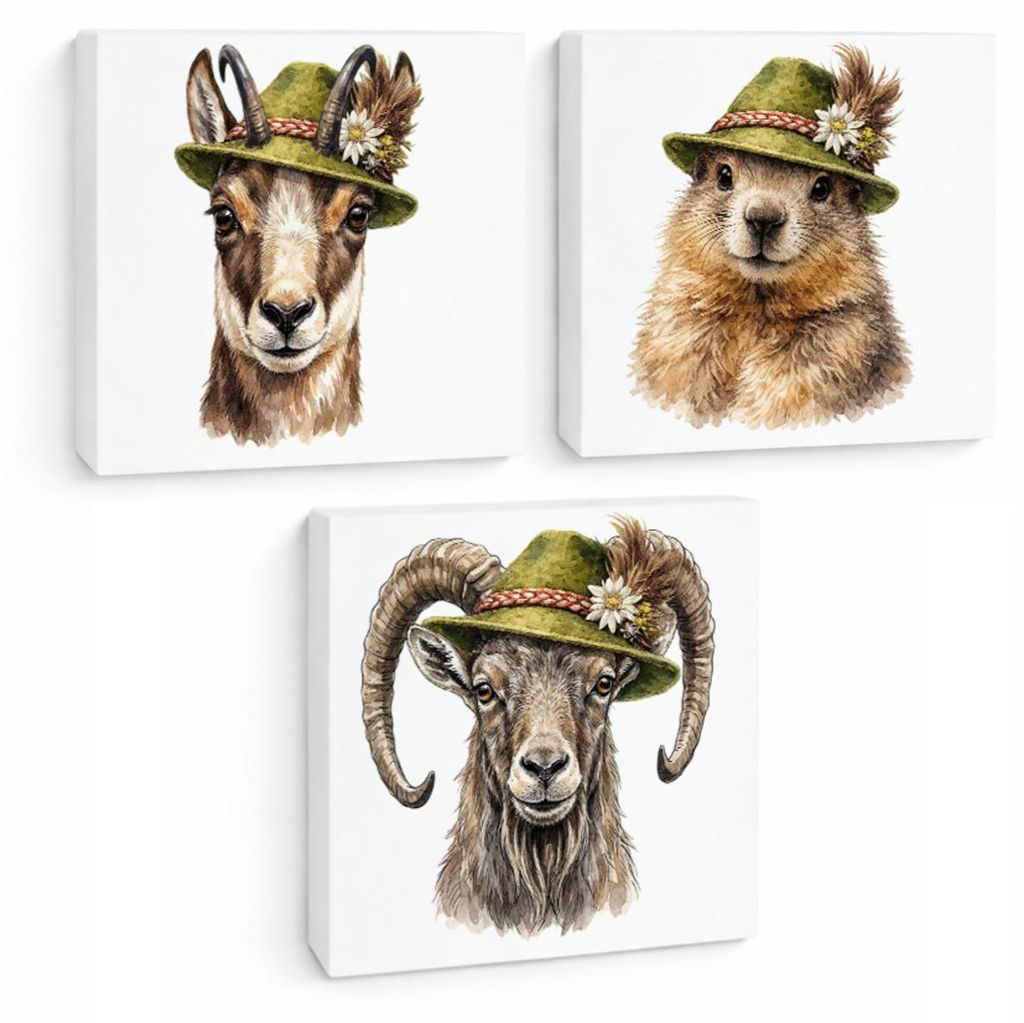 Trachtenhut Berge-Tiere 3er Set Holzbilder in 10x10 cm zum Stellen oder