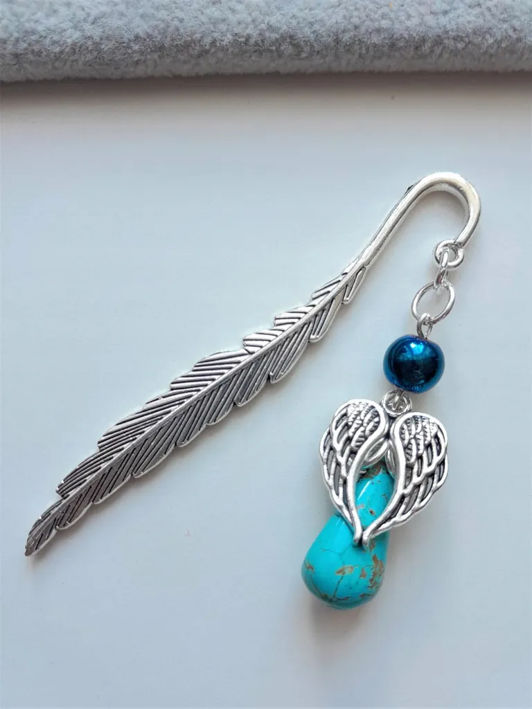 Signet Ange Howlite Aile Hématite - Marque-page artisanal en pierres