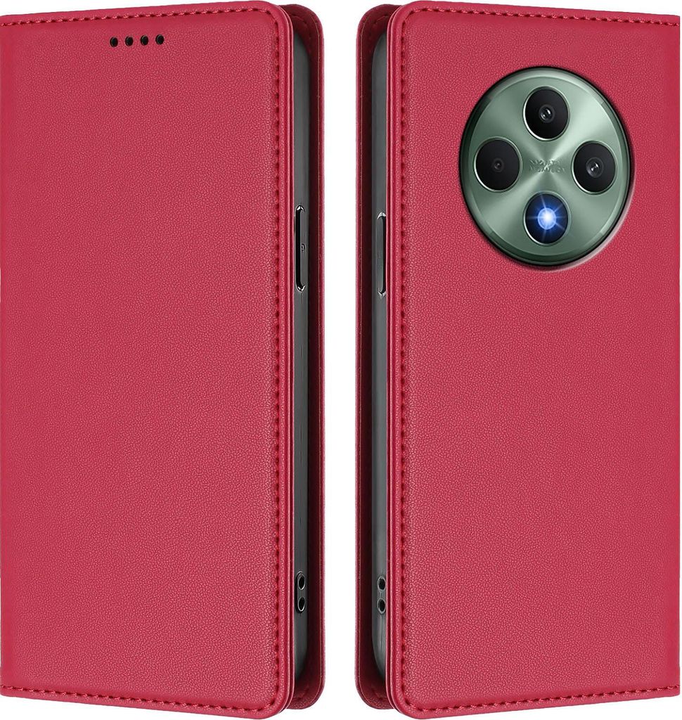 Handyhülle für Oppo Reno12 F 5G/Reno12 F 4G, Kunstleder Klapphülle Stoßfeste Magnetische Hülle mit Ständer Rot