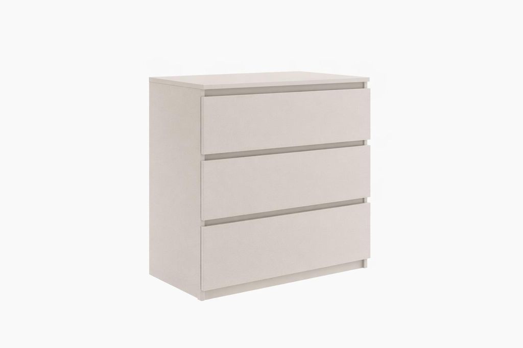 A three-drawer chest of drawers on a white background.