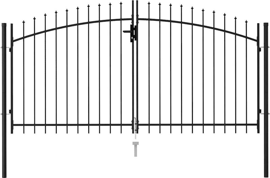 A black metal double gate with pointed finials.