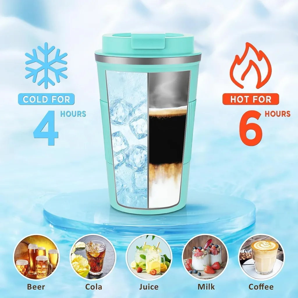 ERBO Set di 2 tazze da caffè to go, 380 ml, in acciaio inox, a prova di perdite, tazze da caffè con coperchio, tazze termiche da viaggio, (bianco e blu