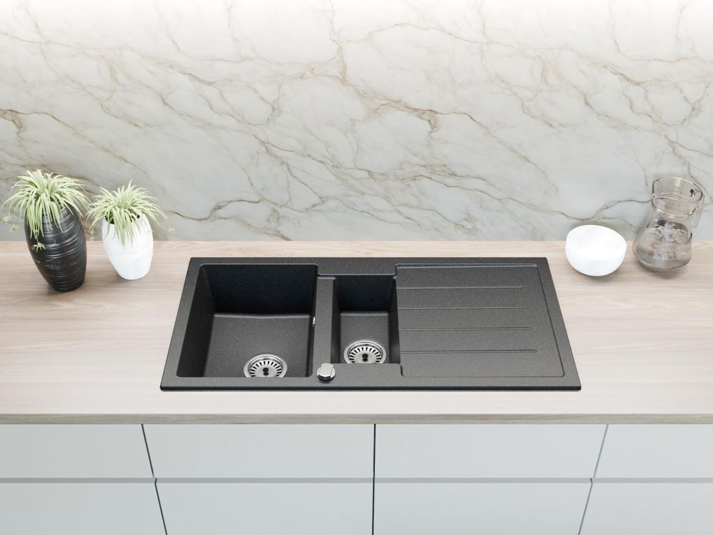 Granitspüle Spülbecken Küchenspüle Einbauspüle 100x50 cm 2 Becken mit Abtropffläche inklusive Zubehör-Set, Farben:Schwarz gesprenkelt