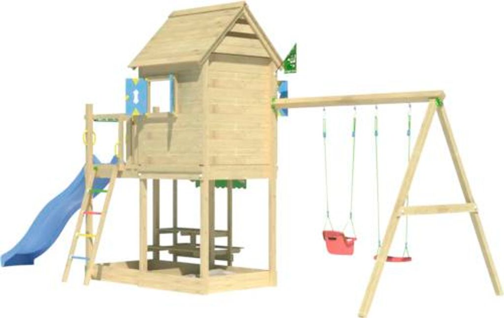 Doppelschaukel Spielhaus mit Stelzen Jungle Gym 678 x 265 cm Holz braun