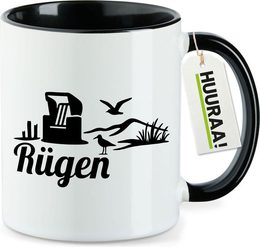 Huuraa Kaffeetasse Rügen Strandmotiv 330ml Schwarz Keramik Kaffeebecher Geschenkidee