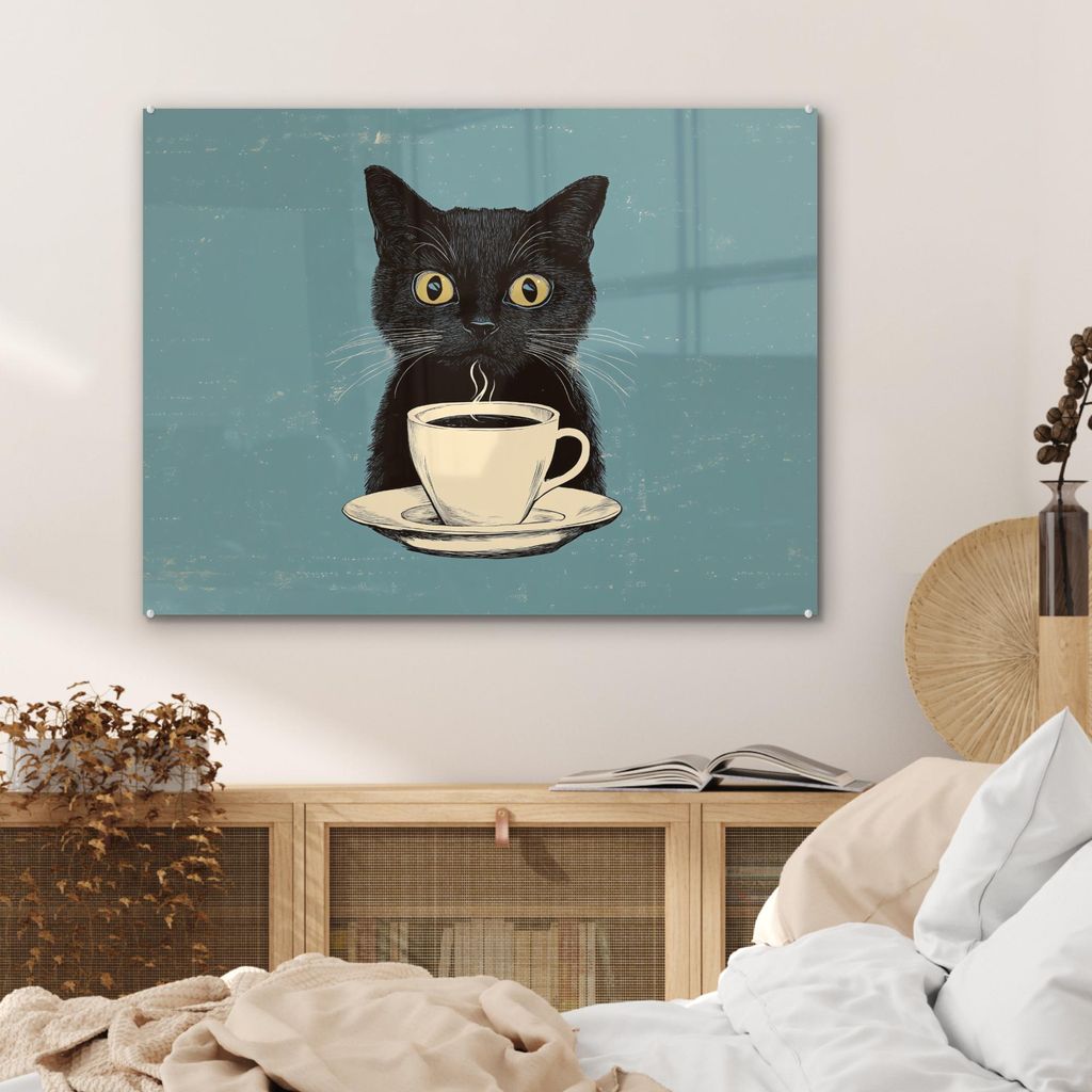 MuchoWow Glasbilder - Bilder auf Wandbild - Foto auf Glas Katze - Schwarz - Kaffee - Minimalistisch 80x60 cm Wanddekoration aus Glas - Acrylglasbil...