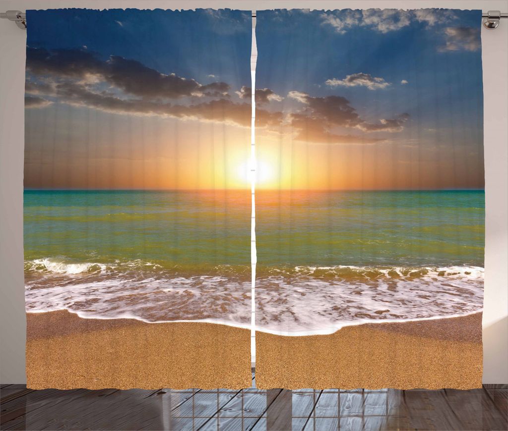 ABAKUHAUS Sonnenuntergang Rustikaler Gardine, Idyllische Strandlandschaft, Schlafzimmer Kräuselband Vorhang mit Schlaufen und Haken, 280 x 245 cm,...