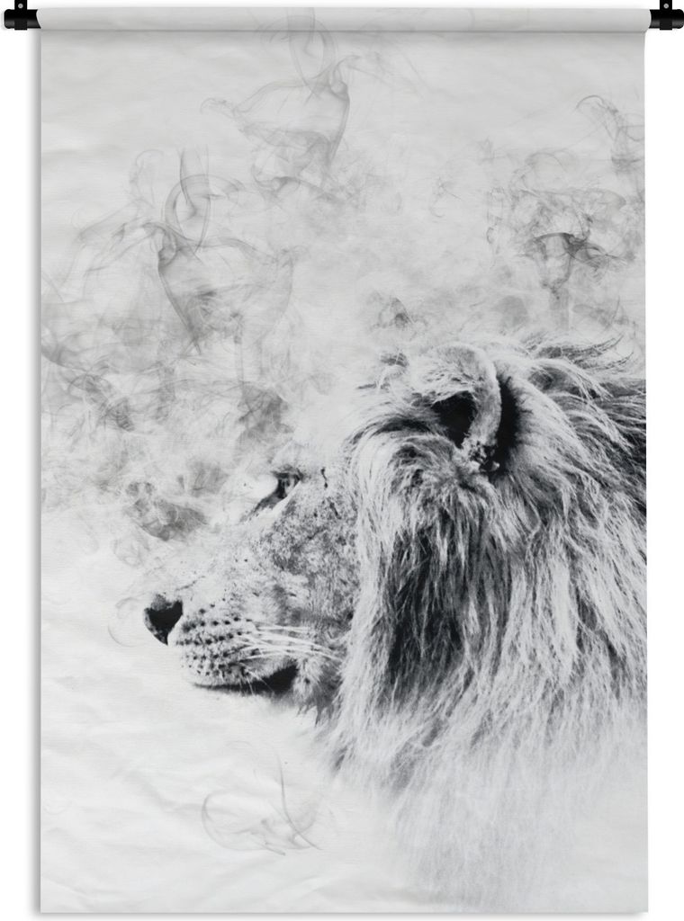 MuchoWow Wandteppich Wandbehang Löwe - Rauch - Schwarz - Weiß 60x90 cm Tapisserie Dekoration Wandtuch - Foto-Teppich - Abwaschbar