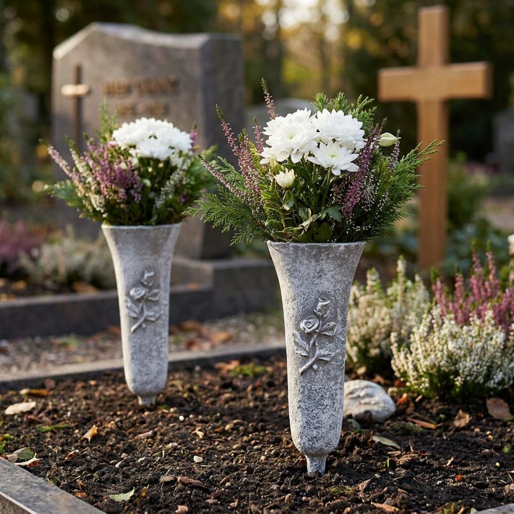 Wetterfeste Grabvase mit Rosenmotiv Grau, Steckvase für