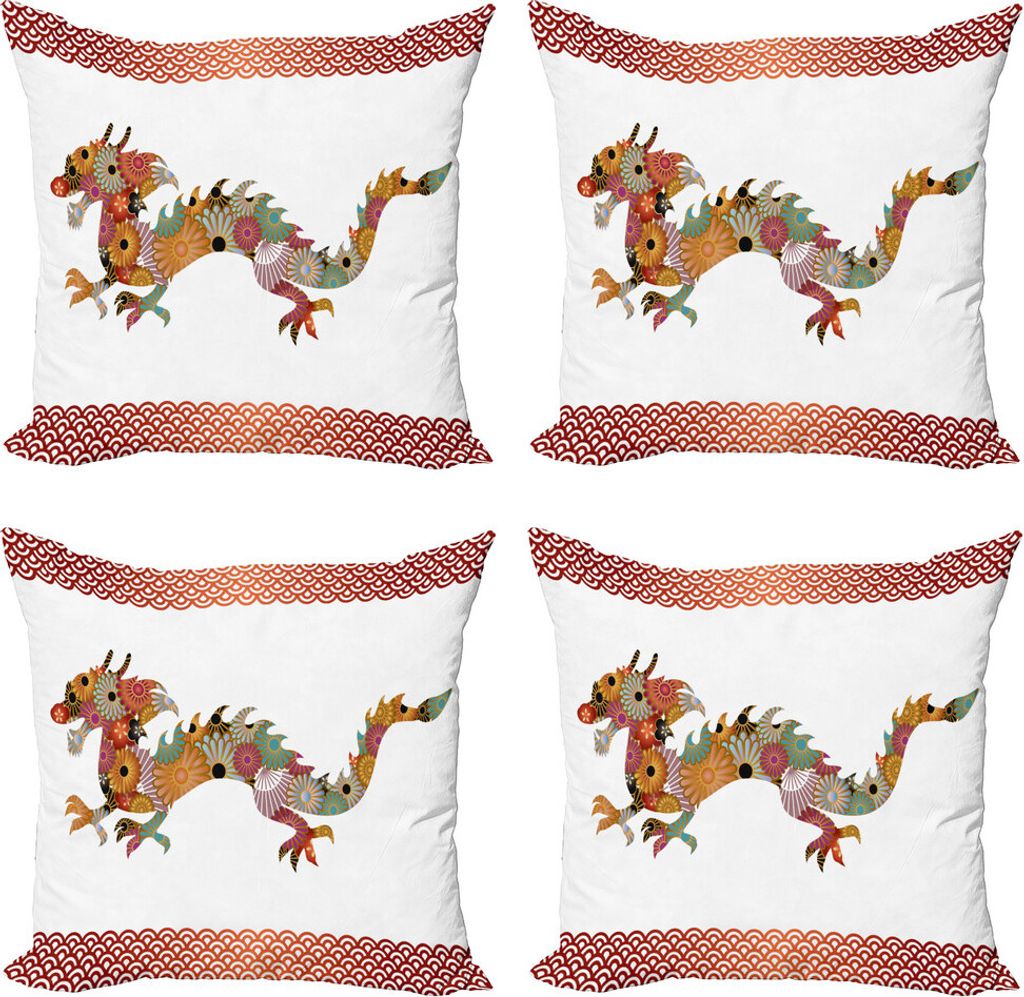 ABAKUHAUS Drachen Kissenbezug Set (4 Stück), Floral Ornate Folk Körper, Moderner Doppelseitiger Digitaldruck, 50 cm x 50 cm, Mehrfarbig