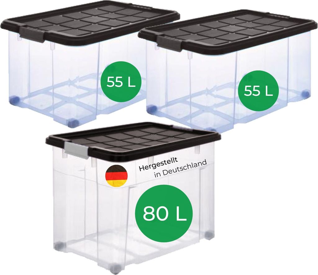 Novaliv 3 tlg Sparset Aufbewahrungsboxen mit Deckel Anthrazit 1x80 L + 2x 55L Nestbar stapelbar Clipverschluss Rollboxen BPA-frei
