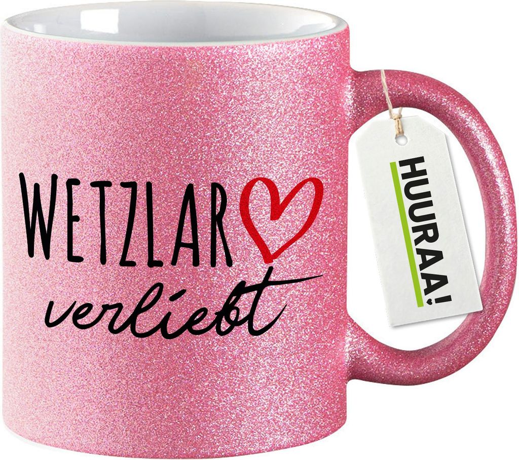 Huuraa Glitzertasse Wetzlar verliebt 330ml Pink Keramik Kaffeebecher Geschenkidee