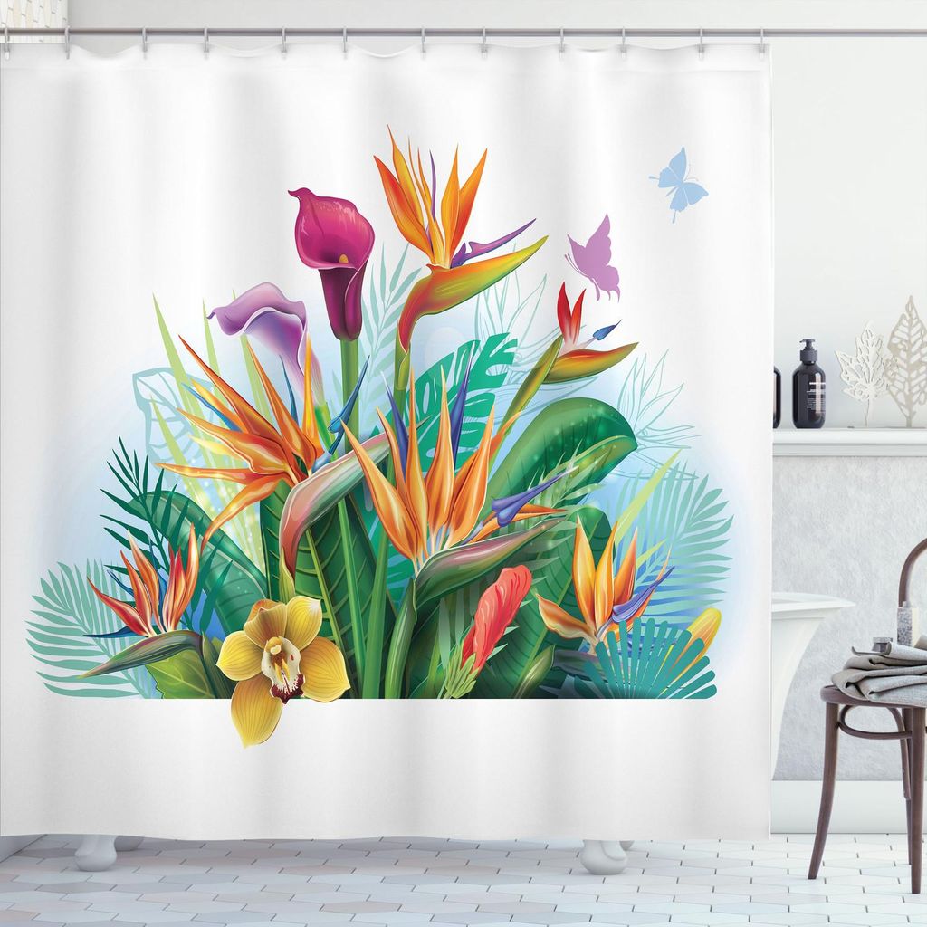 ABAKUHAUS Orchideen Duschvorhang, Exotische Cattleya Blume Strelitzia Blossom Fan Palm Königsfarn Epische Gartenkunst, 175 x 240 cm, Mehrfarbig