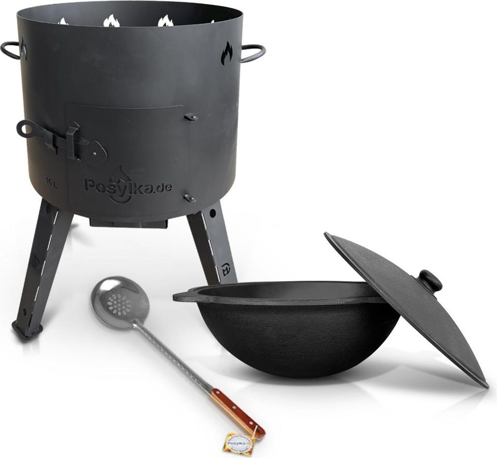 Feuerofen Dutch Oven - KasanoFF, Kessel Kazan 16 Liter, Ø 44 cm + Gusseisenkessel, runder Boden, Ø 46,5 cm, Schaumlöffel 48 cm