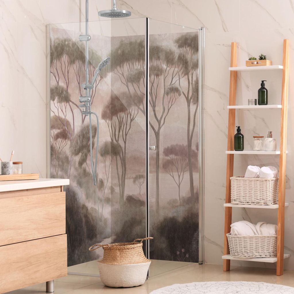 Duschrückwand Wald selbstklebend - 0.35 mm Wandpaneel wasserfest Dschungel beige Vintage Badrückwand fugenlos Smart matt 90x210 cm