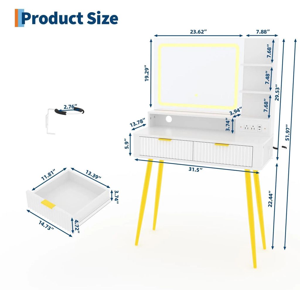 Geriffelter Schminktisch - Frisiertisch mit LED-Spiegel - 79 cm - 3 Lichtmodi - 2 Schubladen - Holz - Weiß
