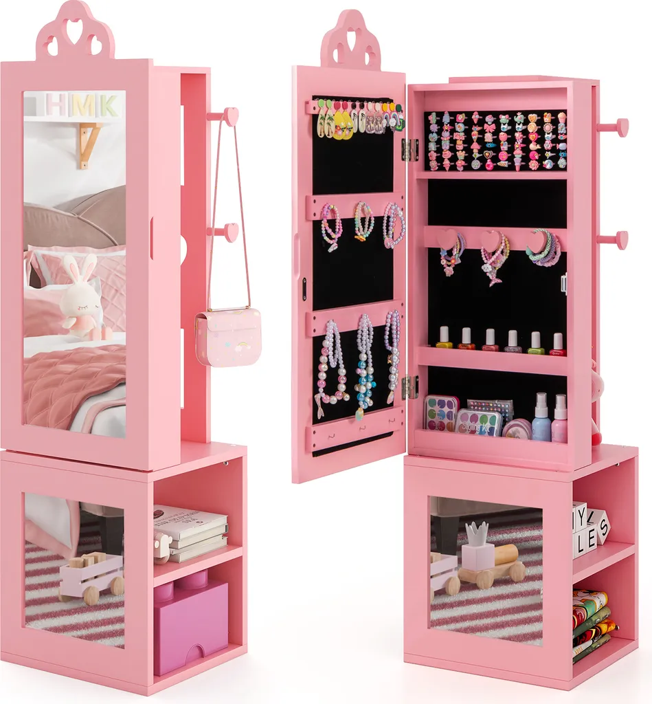 Armoire à bijoux COSTWAY 3 en 1 rose avec miroir intégral pour enfant