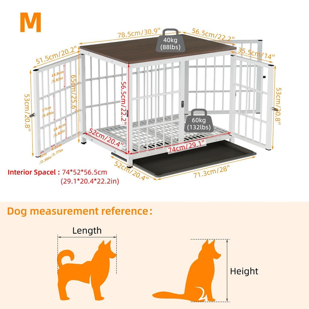 Hundebox Möbel Beistelltisch - Indoor Hundekäfig - 3 Türen - Herausziehbare Bodenschale - Dekorativer Beistelltisch - Größe M - Weiß