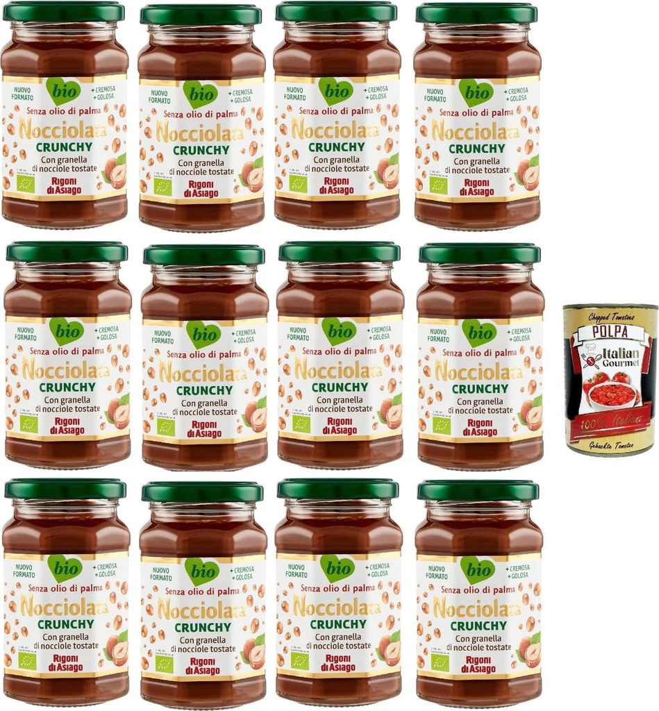 Rigoni di Asiago Nocciolata - Crunchy, 12x 250g, Haselnusscreme ohne Palmöl, Nuss Nougat Creme ohne Palmöl, Leckerer Brotaufstrich + Italian Gour...