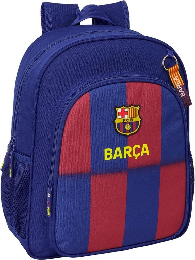 A blue and red FC Barcelona backpack with the team's crest and name.