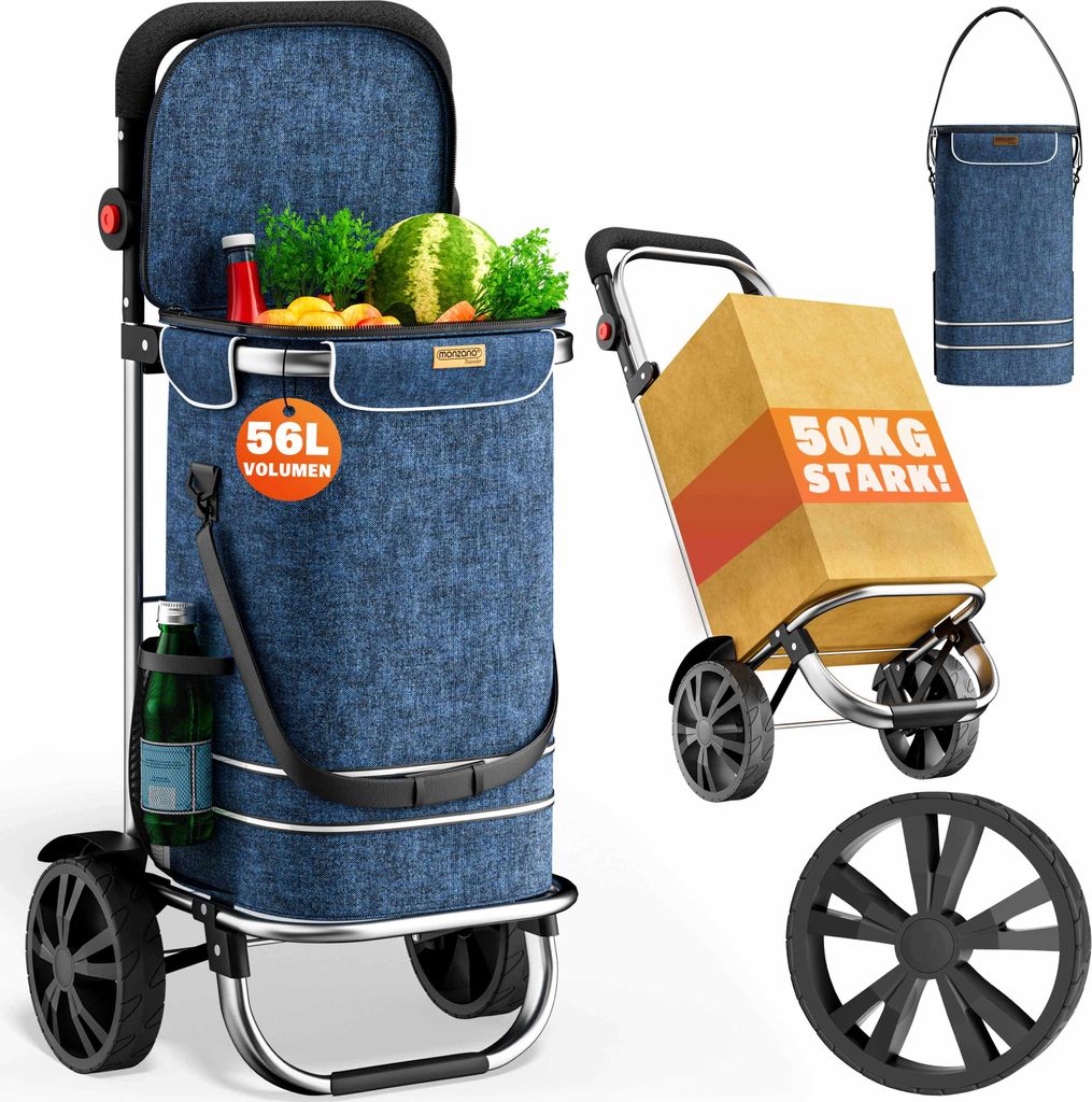 MONZANA 3in1 Einkaufstrolley 56L bis 50 kg klappbar abnehmbare Tasche Handwagen Einkaufswagen Einkaufshilfe Roller Blau