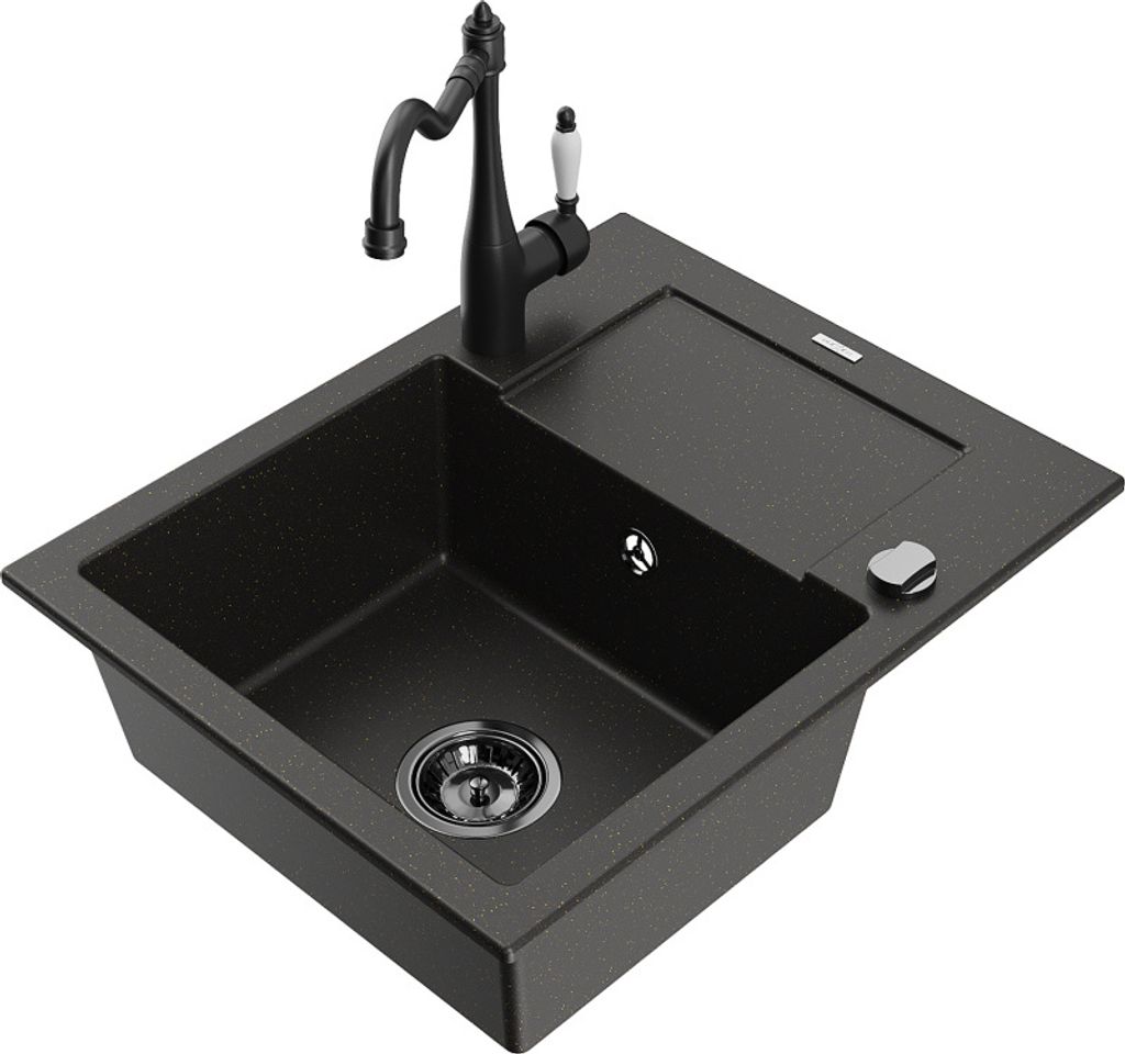 Mexen Enzo 1 Becken-Granitspüle mit Abtropffläche und Mischbatterie Carla, Schwarz/Gold metallisch - 6506-75-670700-70-B