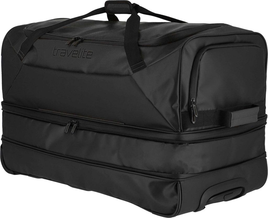 A black travel bag with wheels.