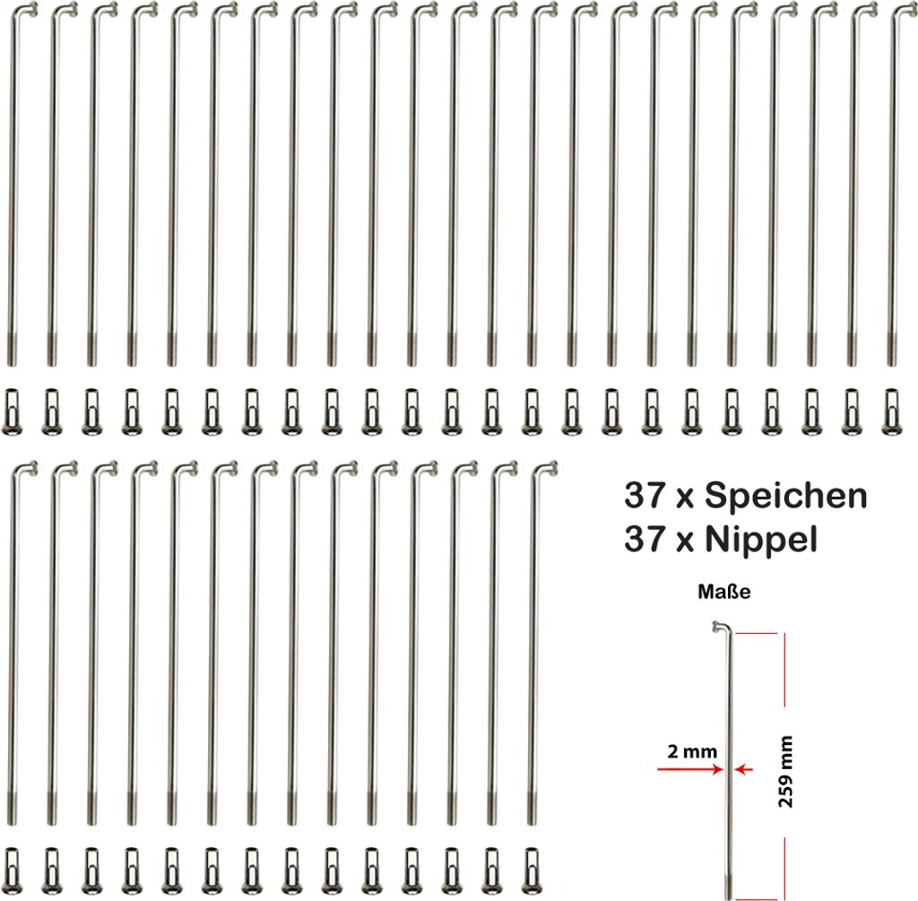 37 Stück Fahrrad Speichen Spokes BÜCHEL 259mm Verzinkt 2mm Silber mit Nippel