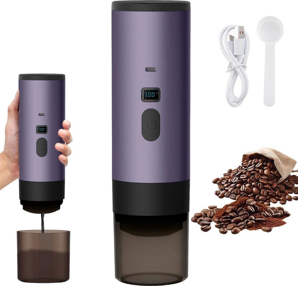 Tragbare Espressomaschine - 3-in-1 Kapsel Kaffeekocher - Elektrisch, kabellos, für Reise und Auto, Camping - Lila