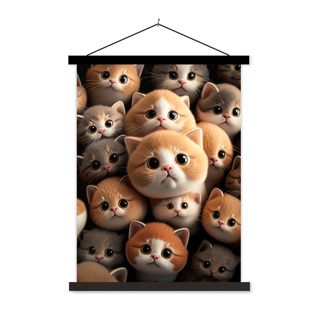 MuchoWow Textilposter Katzen - Haustiere - Kätzchen - Design - Jungen - Mädchen 90x120 cm mit schwarzem Rahmen - Dekoration