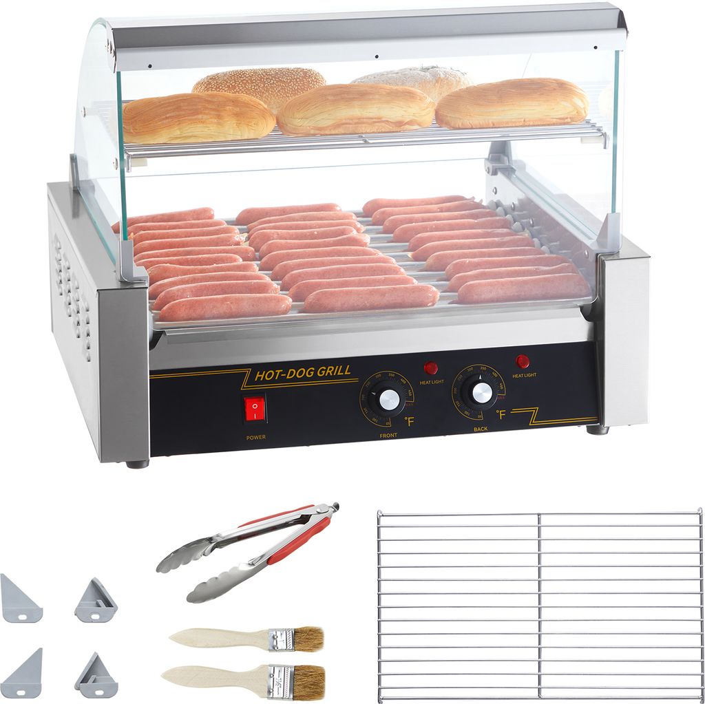 SucceBuy Electric 30 Hot Dog Roller Grill Kocher Maschine 11-Rollen Backsplash Regal 2,2 kW Edelstahl