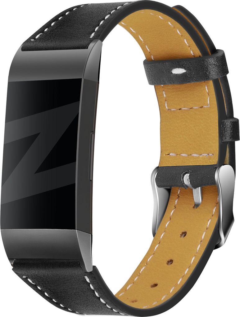 Bandz Lederarmband passend für Fitbit Charge 3 - s Lederarmband - Schwarzes Lederarmband
