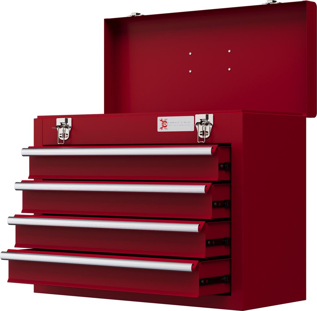 Werkzeugkiste mit 4 Schubladen, oberes Staufach, Stahlverschlüsse, Tragegriff, 51x22x39,5 cm, Rot