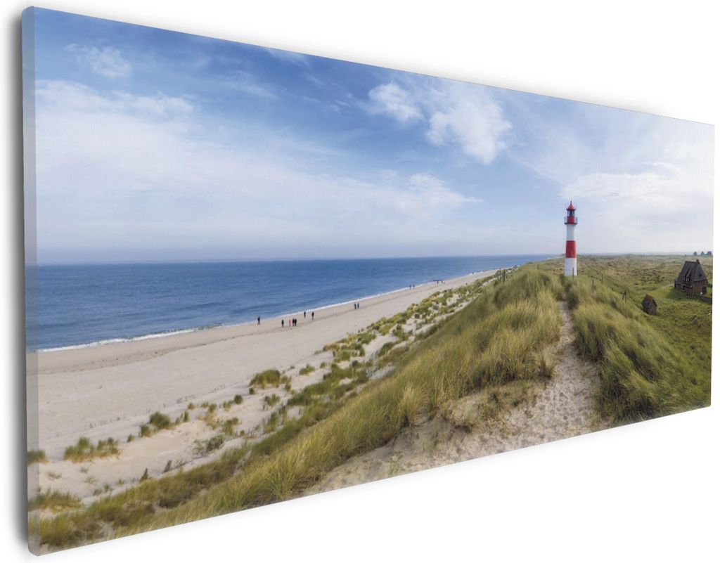 Wallario Premium Leinwandbild Am Strand von Sylt Leuchtturm auf der Düne Panorama in Größe 30 x 75 cm