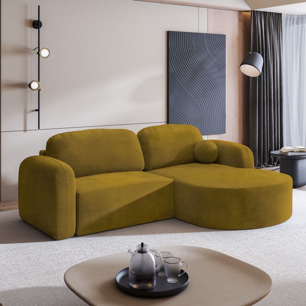 Masseno Ecksofa AMILIA M mit Schlaffunktion L-Form, Sofa mit Bettkasten, Wohnzimmersofa, Couch, Soffa, Bettsofa, Couchgarnitur- Gelb, MONOLITH 48