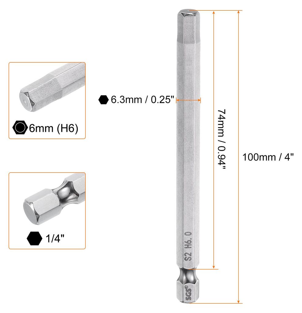 6mm(H6,0) Innensechskant Bit Set, Metrisch 100mm Lang 1/4" Sechskant-Schaft Magnetische S2 Stahl Schraubendreher Bits Sechskant Bohrer fš¹r Akkus...