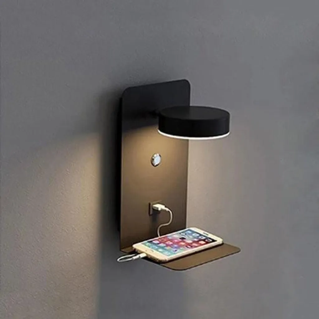 Lampe de chevet murale LED noire avec chargeur USB pour chambre à coucher