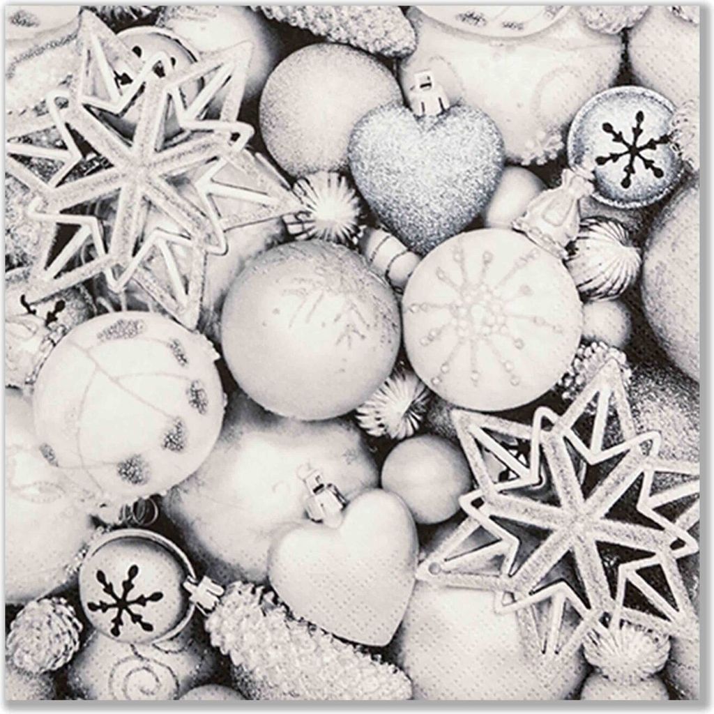 20 Servietten Silver Baubles - Weihnachtsbaumdeko silber Produktbild 