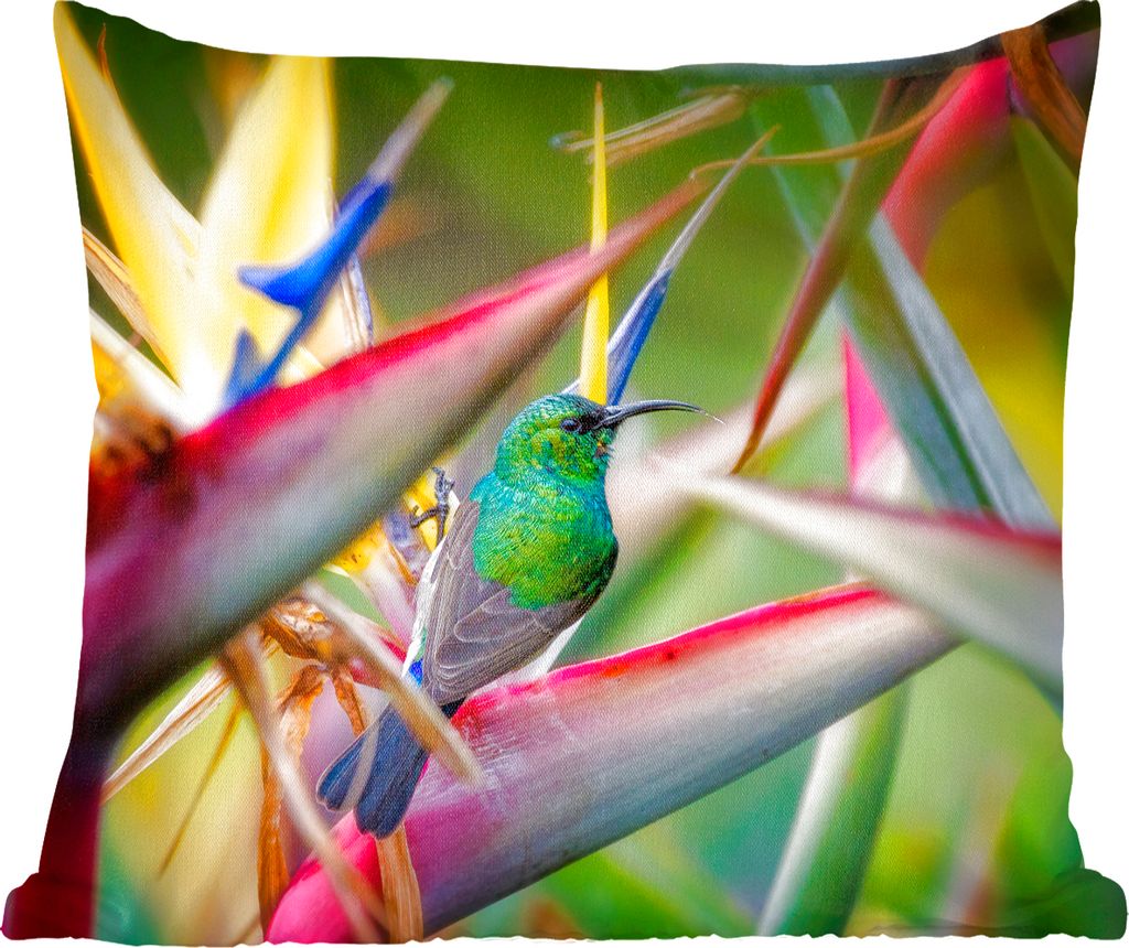 MuchoWow Zierkissen Sofakissen Wohnzimmer Dekokissen 60x60 cm Bunter Vogel zwischen all den bunten Tellern - Sitzfläche - Foto Polster
