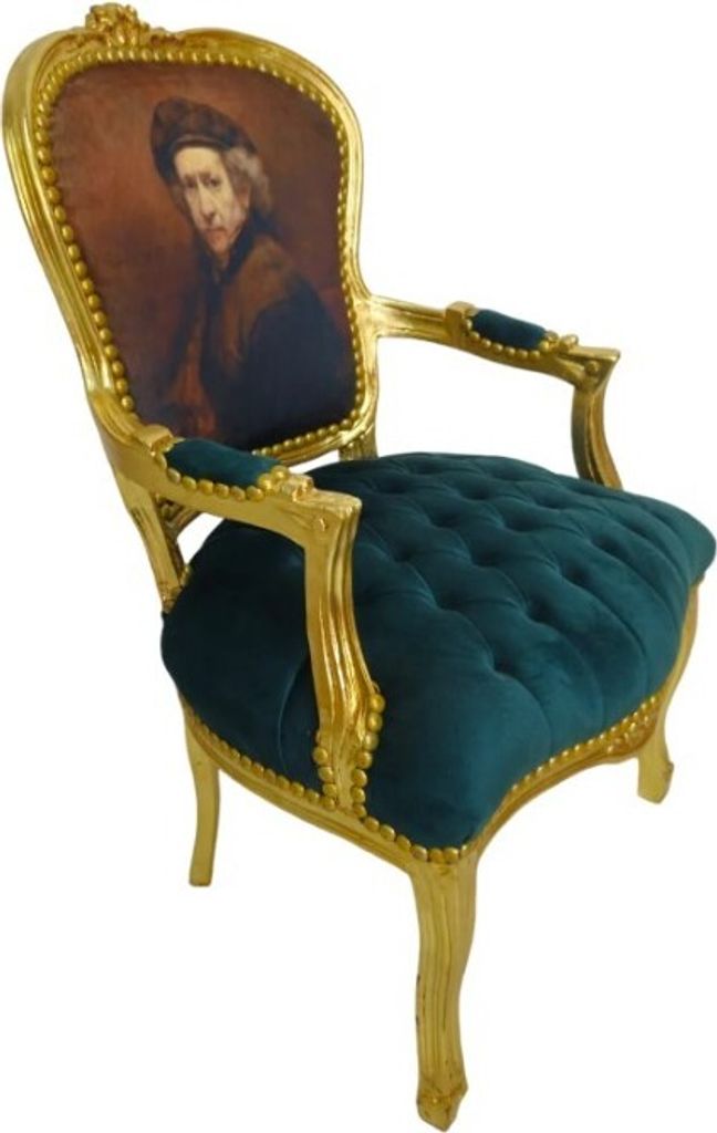 Barockstuhl Barock Stuhl Salon Salonstuhl Armlehne Grün Gold Stoff Esszimmer Wohnzimmer Büro Flur Design Style Klassisch Premium Luxus Modern Retro