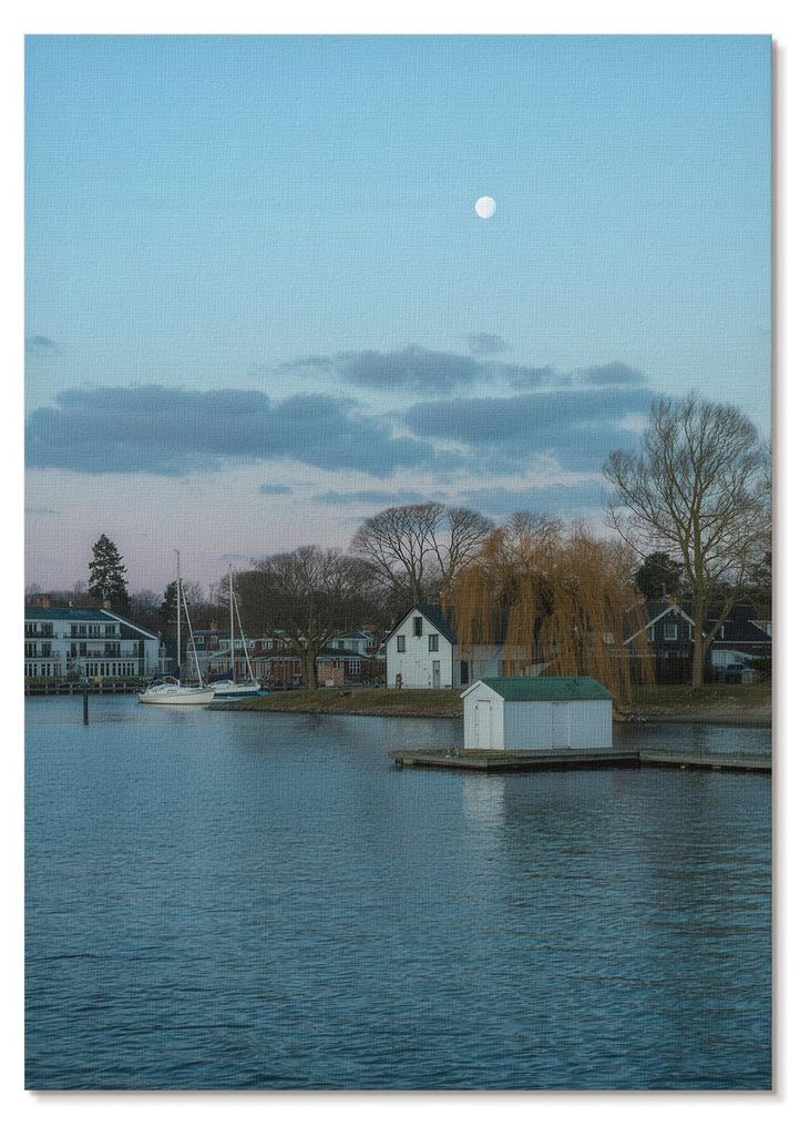 POSTER - 42x59 cm (A2) - Obel Z. - Der Himmel über dem See, die Häuser, der Mond, die Bäume - Wandbild für Wohnzimmer Schlafzimmer & Flur, Mode...