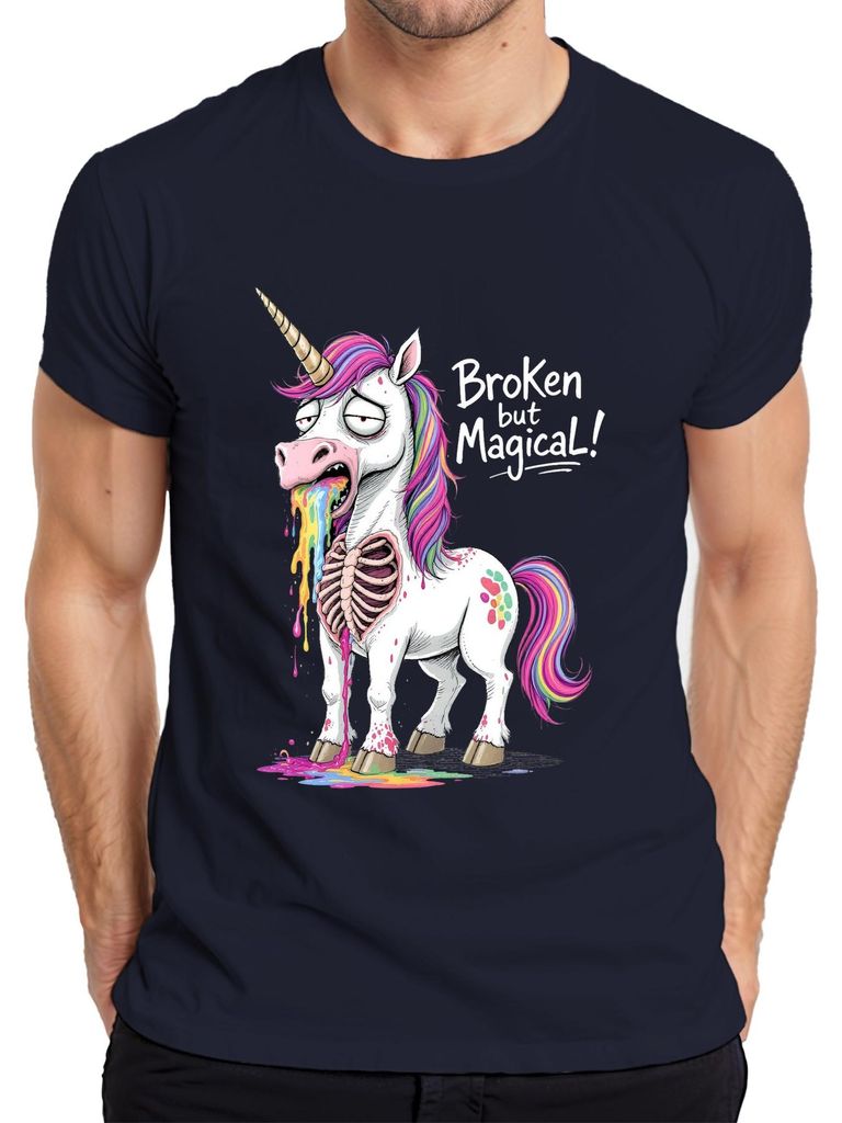 Broken but Magical Unicorn Rainbow Vomit Skeleton Funny Herren T-Shirt, Navy, L