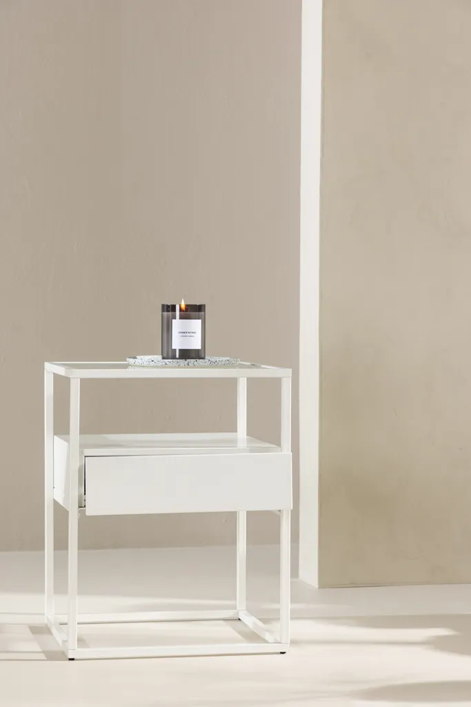 Petit meuble d'angle Fortaleza blanc, console compacte à tiroir unique