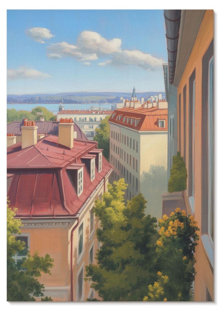 POSTER - 29x42 cm (A3) - Artland - Üppige Bäume, rote Ziegel, blauer Himmel - Wandbild für Wohnzimmer Schlafzimmer & Flur, Modernes Poster Wandd...