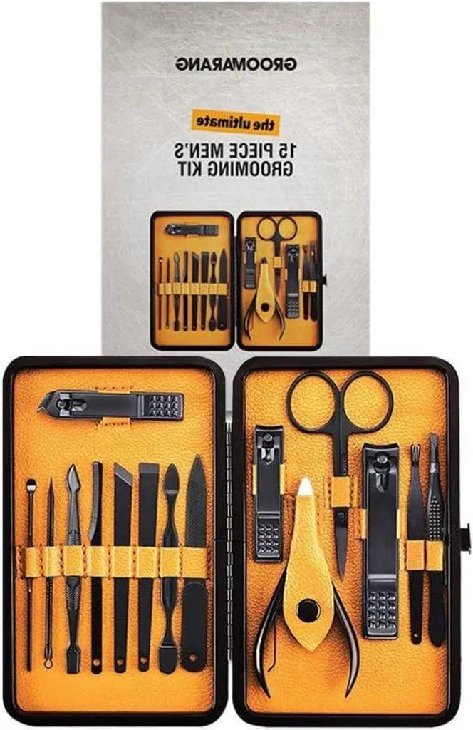 Nécessaire de toilette homme : set de 15 accessoires de manucure inox